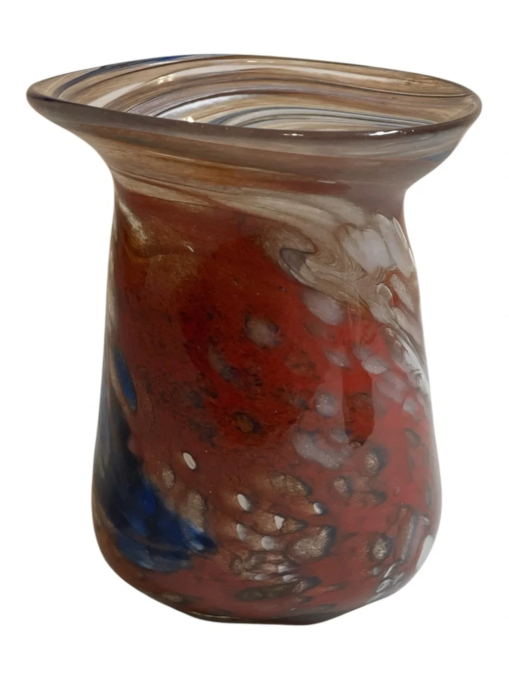 Vintage Mid Century Art Glass Vase - Hand Blown Blue & Amber Speckled Abstract